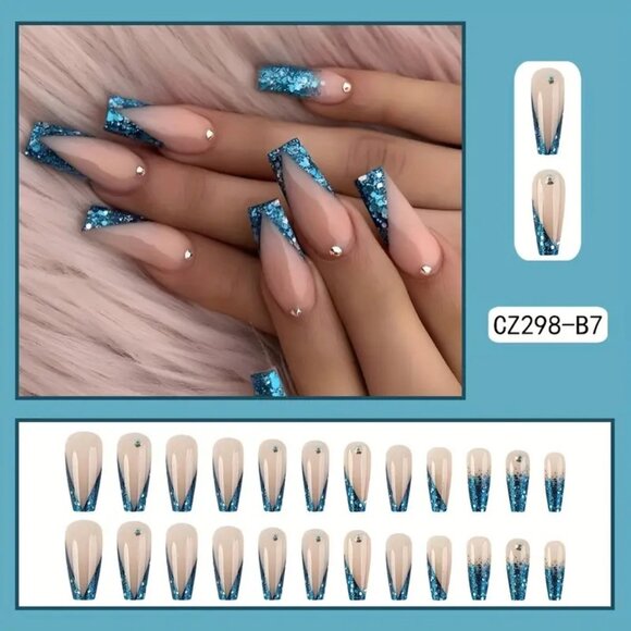 Nails Blue Glitter Gems Fake Press On 24 Sexy Glam Rhinestone Reusable Sparkle - Picture 2 of 7